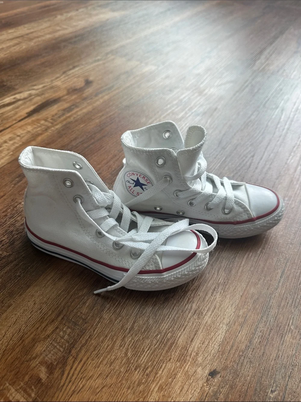 Converse White High Top Kids Sneakers with Red & Navy Trim